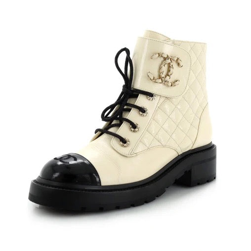 Chanel CC Quilted Leather Cap Toe Chain Link Logo Combat Boots