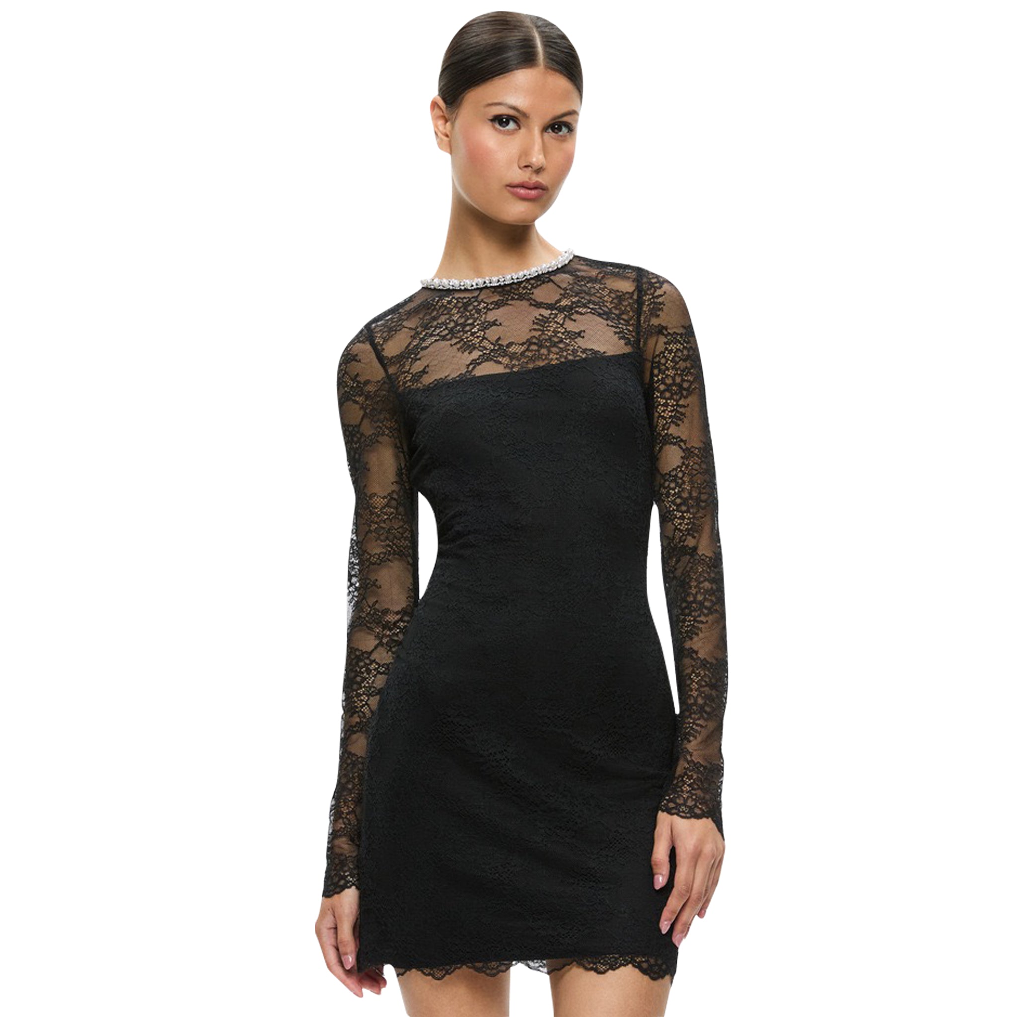 DELORA EMBELLISHED NECK LONG SLEEVE LACE MINI DRESS