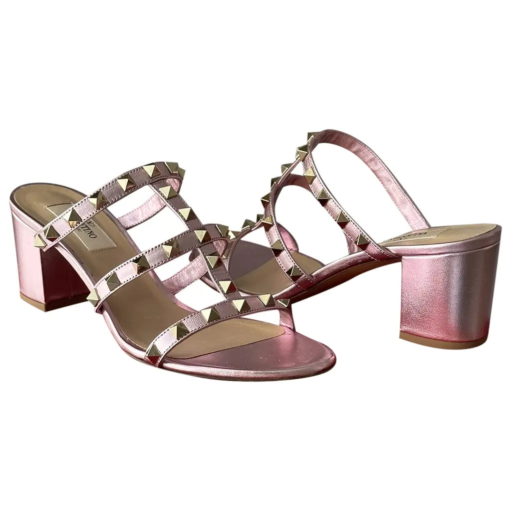 Rockstud Metallic Calfskin Slide Sandal